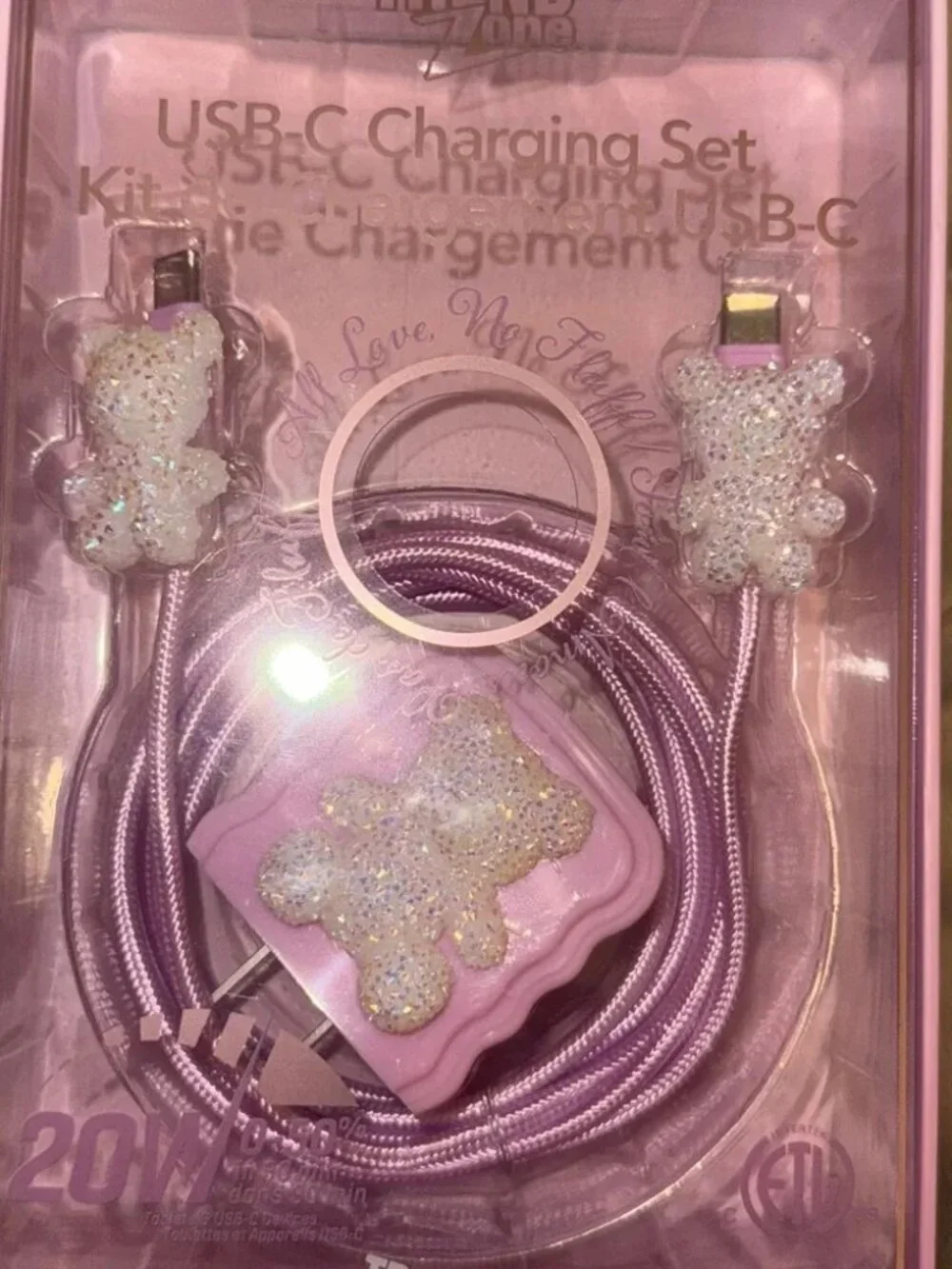 NWT Pink Holographic Rhinestone Teddy Bear USB-C Charger Set w/ Plug